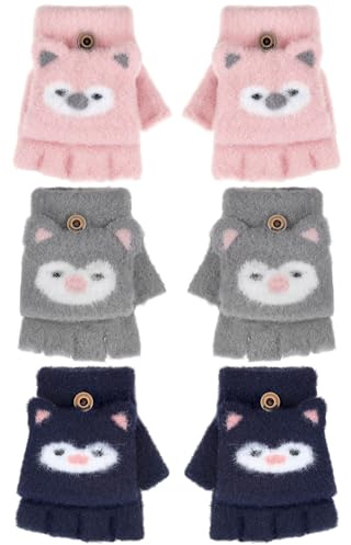 Geyoga 3 Paires Gants sans Doigts pour Enfant Mitaines Convertibles Tricotées(gris, rose clair, bleu marine,1 à 5 ans)