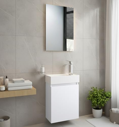 Faizee Home Badmöbel Set Weiß – Waschbeckenunterschrank mit Keramik Waschbecken, Spiegel & Armatur – Kompakter Badezimmerschrank Badschrank für Gäste WC & kleine Bäder