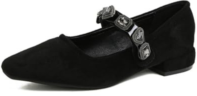 Mary Jane - Ballerine basse da donna, con punta quadrata e cinturino con fibbia, comode da infilare, Nero , 44 EU