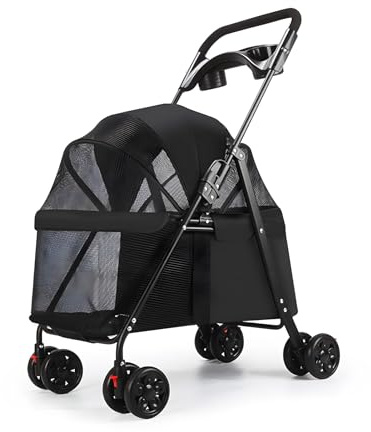 Folding Pet Stroller for Small Dogs & Cats, Outdoor Travel Lightweight 4 Wheels Foldable Pet Stroller with Cup Holder, Visible Window Black