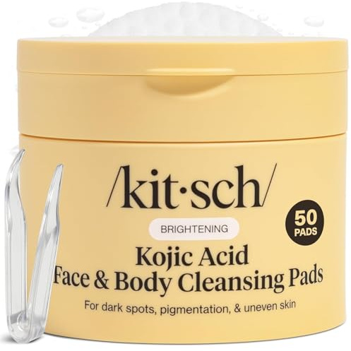 Kitsch Kojic Acid Cleansing Pads with Turmeric & Cica to Smooth, Refresh & Even Tone Skin Care – Exfoliating & Brightening Pre-Soaked Cotton Pads for Face and Body – 50 count