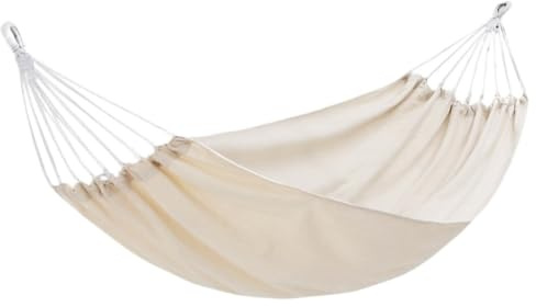 Tjockare bärbar utomhushängmatta med anti-rullbågstång handvävd bomull och andningsbart nät perfekt för camping och resor (beige)