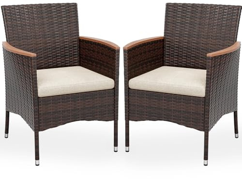UDPATIO Gartenstühle 2er Set Rattan mit Kissen, Wetterfeste Gartenmöbel, Gartenstuhl Hochlehner für Balkon Terrasse, Outdoor Lounge Sessel, 60x59x85cm, Braun