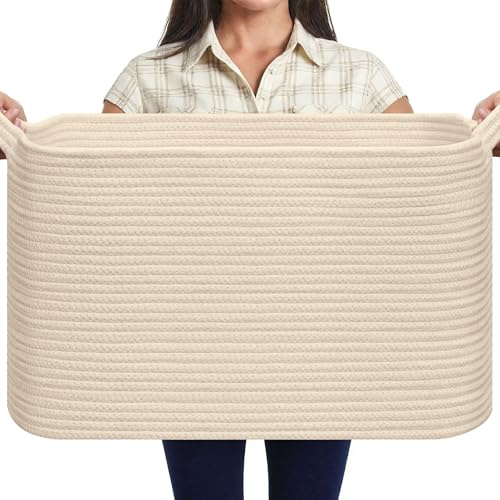 MOLMO Large Woven Storage Basket, 65L Laundry Hamper Beige | Sturdy Cotton Rope Basket Holds Laundry, Toys, Blankets, Versatile for Any Room-Bedroom, Living Room, Kids' Room, Nursery