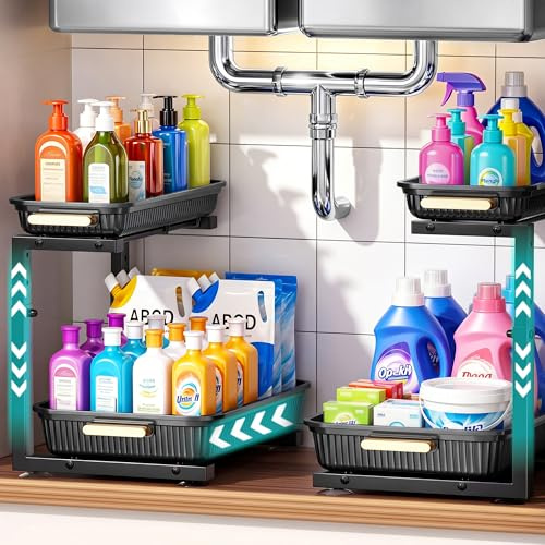 SavvyStor 2 Pcs Adjustable Height Under Sink Storage, 2 Tier Sliding Kitchen Storage and Organisation Cupboard Organiser, Under Sink Shelf, Under Cabinet Organizer for Kitchen Countertop, 16.5*38*6cm