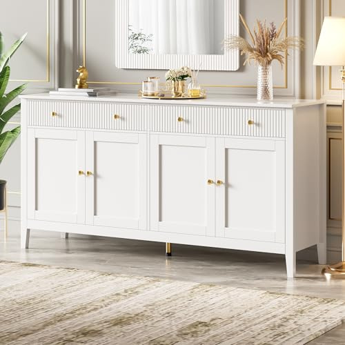 DACHETOU Aparador con 2 cajones y 4 puertas, 40 x 82 x 160 cm, color blanco, elegante buffet para comedor, cocina y salón con asas doradas y amplio espacio de almacenamiento