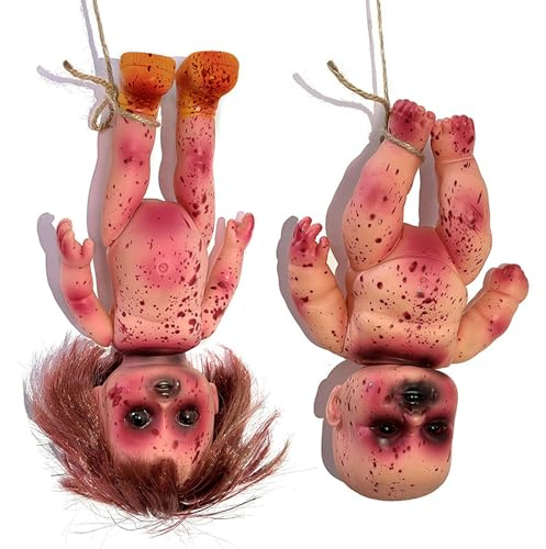 Vervevum 2 Stück gruselige Puppe Bloody Died Girl & Boy 10 In Halloween Gruselige Spukpuppe zum Aufhängen, tragbare PVC-Horrorpuppen für Spukhäuser, Streichspiele, lebende Tote Puppen