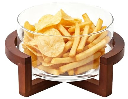 Yrrtyuo Ensaladera Grande de Vidrio | Grande 1800 ml de Alimenticio con Base de Madera | Bol Decorativo de Vidrio Transparente - para Comidas, Reuniones Familiares, Pastas, Frutas, Verduras, Postres