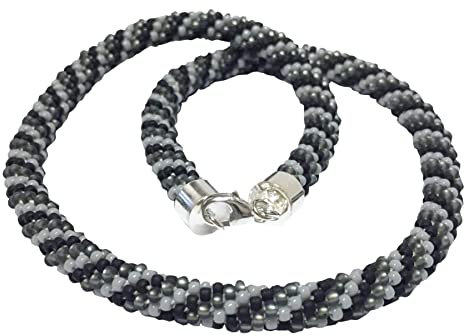 Häkelkette grau/schwarz mit 925 Silber Verschluß 43 cm