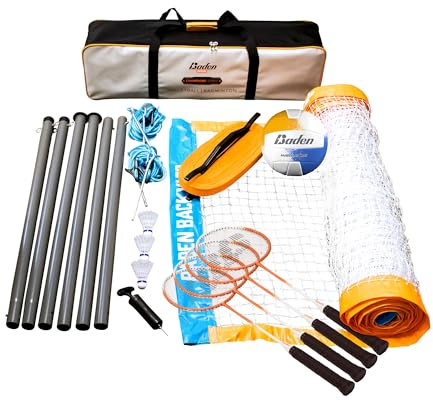 Baden Champions Volleyball/Badminton Portable Combo Set Orange/Blue Official Size 32 ft Wide Net + 4 Raquets + 3 Birdies + Boundary + Volleyball + Pump + Carry Bag