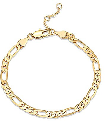 PAVOI 14K Gold Plated Paperclip/Curb/Figaro Chain Adjustable Bracelet for Women (Figaro-L, Yellow Gold Plated)