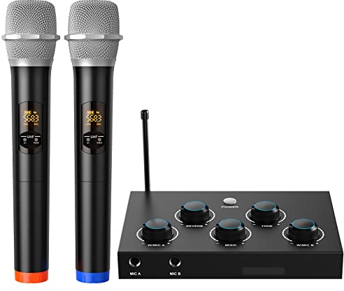 DIGITNOW! Microfono Karaoke Wireless Bluetooth, Sistema Microfono Senza Fili UHF Doppio Professionale per Karaoke, TV, Festa, DJ, Chiesa, Matrimonio, Riunione, con HDMI ARC, Aux, Ottica