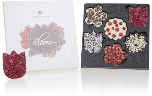 CHOCOLISSIMO - Blumen Geschenk - Schokolade Geschenk für Frauen, Mädchen, Mama, Freundin, Kollegin, Gärtner - 6 Schokoladentafeln in Blütenform - Geschenkidee Ostern, Valentinstag, Renteneintritt
