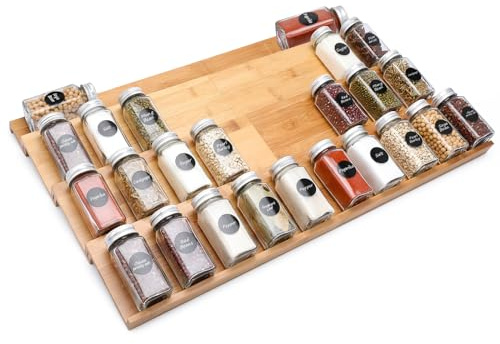 DEWVIE Bamboo Spice Drawer Organizer, 4 Tier In Drawer Spices Rack for Cabinet Drawer Expandable From 13 to 26, Stackable Seasoning Storage Organizer Insert