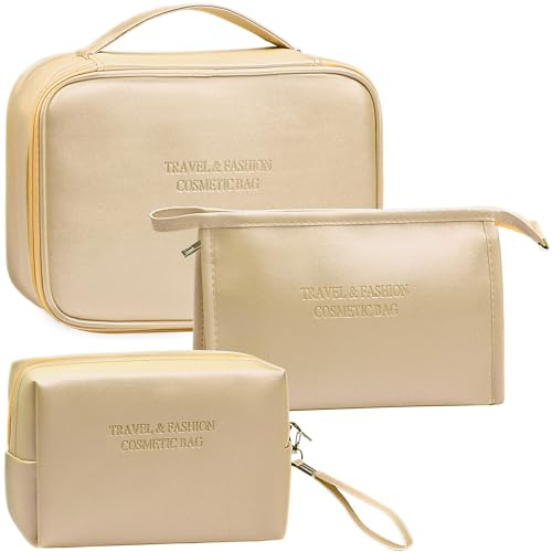 LEcylankEr 3 Pcs Kosmetiktasche Damen Tragbare Reise Make up Tasche PU Wasserdicht Schminktasche Damen Kulturbeutel (Gold)