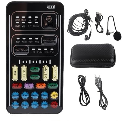 Annadue Changeur de Voix, I9 Voice Changer Set Enregistrement Carte Son Live Streaming Mixer avec Microphone Casque, pour PC(Le Noir)