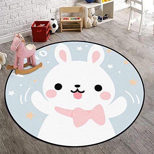 Kreisteppich, Weiß, Kaninchen, 60 cm, waschbar, rutschfest, für Wohnzimmer, Schlafzimmer, Kinderzimmer