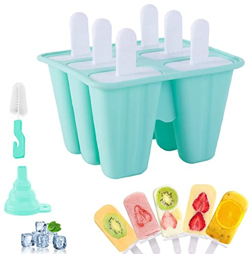 Eisformen Am Stiel 6 Popsicle Set, Wiederverwendbar Silikon Formen Mit Reinigungsbürste Und Trichter, DIY Eiscreme Für Kinder Und Erwachsene, BPA Frei (Grün)