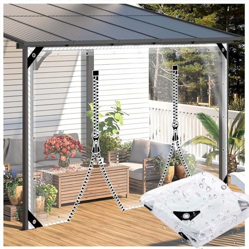 ZHJSHOU Abdeckplane Transparent 0,35mm 2mx3m Wasserdicht mit Ösen | PVC, Regenschutz, mit Reißverschluss, für Terrasse, Pavillon, Garten, Außenbereich