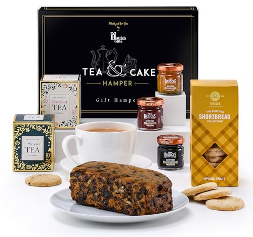 Hattie's Gifts Tea and Cake Gift Set | Breakfast & Afternoon Tea Selection, Genoa Fruit Cake, Shortbread & Jams – Luxury Gourmet Gift