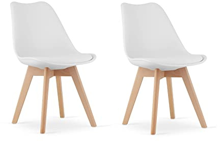 NMK HOME Esszimmerstühle 2er Set Weiß Kunststoff Holzbeine | Buchenholzgestell, Skandinavisch, ergonomisch, pflegeleicht, stabil, Esszimmer