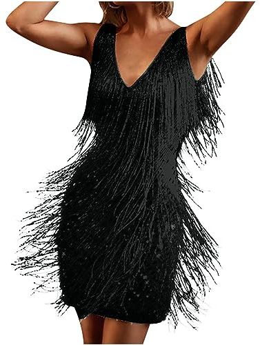 Gradient Fringe Latin Dress - White Party Dress with Sequin Beaded Fringed Flapper Design - Sleeveless V-Neck