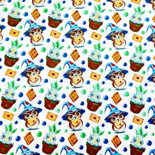 Textrend Baumwollstoff Stoffe Meterware - Stoff zum Nähen - 100% Baumwolle - Textilien 1x1.6m - Stoff mit Mickey-Muster (Magische Eulen und Alraunen auf weißem Hintergrund)