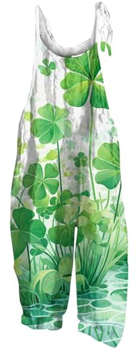 Rosennie Patrick Kostüm Damen Hosenanzug Blauer Overall Damen Kleeblatt Druck St Patricks Day Kostüm Spaghetti Jumpsuit Mit Taschen Wide Leg Playsuit Clown Latzhose (Green, L)