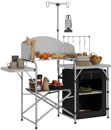 Outsunny Campingküche Küchenmöbel mit Aufbewahrung, tragbarer Klapptisch für den Außenbereich, Kochstation aus Aluminium mit Transporttasche