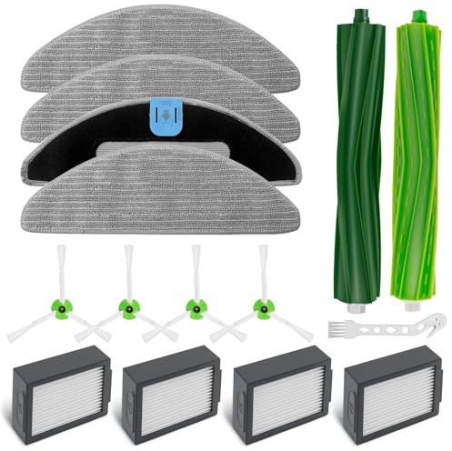 15 Piezas de Repuesto para iRobot Roomba Combo I5 I5+ J5 J5+ I8 I8+ | 2 cepillos Principales, 4 cepillos Laterales, 4 filtros Hepa, 4 paños de fregona, 1 Cepillo de Limpieza