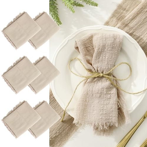 LALAGO 6pcs Servilletas de Tela 45x45cm, Lino Servilleta de Tela con Flecos, Servilletas de Lino y Algodón Lavable y Reutilizable Suave para Bodas, Hoteles, Restaurantes, Eventos y Fiestas Beige