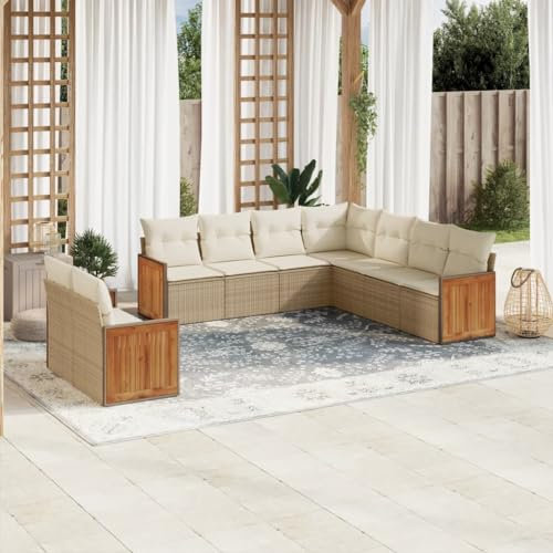 Rantry 9-TLG. Gartenmöbel Set mit Kissen Gartensofa Balkonmöbel Gartenlounge Loungesofa Modular Rattansofa Ecksofa Ecklounge Sofagarnitur Sitzgruppe Loungemöbel Beige Poly Rattan