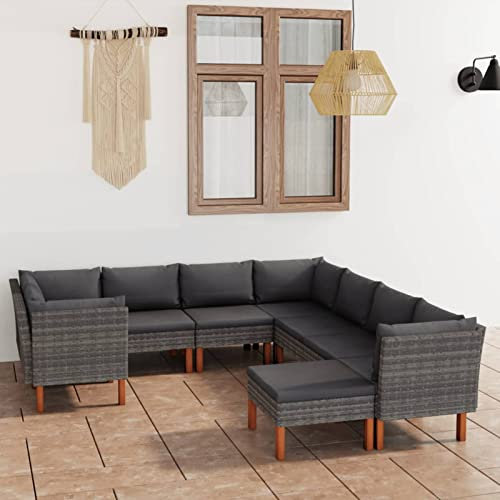 Homgoday 9-TLG. Garten-Lounge-Set mit Kissen Gartenlounge Sofa Balkon Lounge Sofa Ecksofa Garten Sitzgruppe Gartenmöbel Set Balkonmöbel Gartengarnitur Grau Poly Rattan