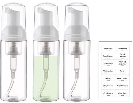 EDITBYLIBRA 57 ml resestorlek skumpumpflaska – 3 st, tom läckagesäker, TSA-godkänd, reseskummande pumpflaskor för schampo, duschgel, handtvål, ansiktsrengöring (klar)