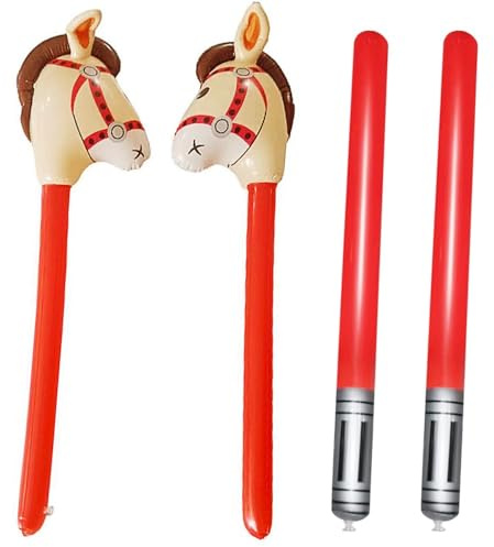 2-Pack aufblasbare Stick Pferd Ballons und 2-Pack Schwert Stick Ballons, aufblasbare Spielzeug, Pferderennen Spiel Requisiten für Pferd Thema Geburtstag Party Dekoration Halloween Kostüm Fancy Kleid