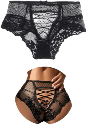 comeondear String Femme Chic Hot Culotte Dentelle Doublure Coton avec Bande String Grande Taille Haute Taille S-5XL Respirante sous-Vêtement Féminins Élastique Underwear(Noir,L)