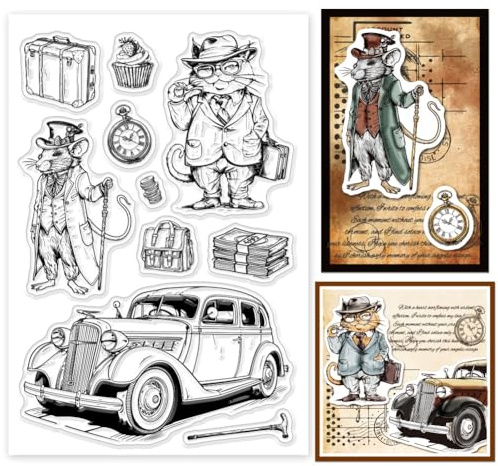 GLOBLELAND Gentleman Katze Und Maus Transparente Stempel für Scrapbooking Auto Koffer Taschenuhr Klare Stamps Retro Tiere Silikonstempel Für Kartengestaltung DIY Prägung Journaling