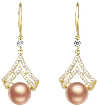 14K vergoldet 925 Sterling Silber Perlen hängen Fehler für Frauen | Hypoallergene Ohrringe mit Zirkonia-Steinen, Weihnachten, Muttertag, Hochzeit, Geburtstag, Schmuckgeschenke für Frauen
