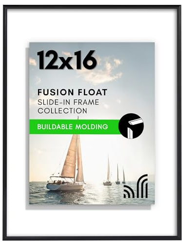 Americanflat 12x16 Floating Picture Frame with Shatter-Resistant Glass - Fits 9x12 Photos or Smaller- Slide-in Photo Frame - Fusion Float Collection - Floating Frame for Wall Display - Black