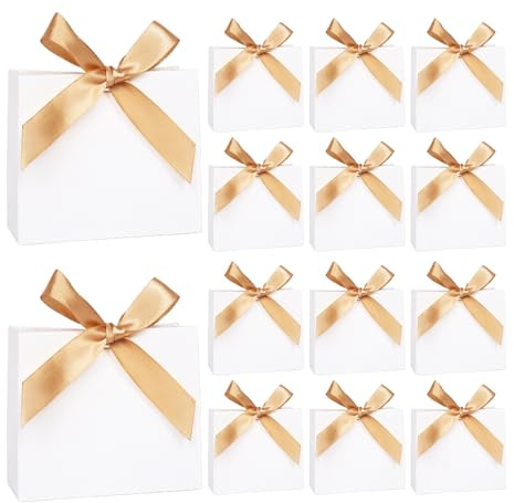 20 Stück Mini Geschenktüten mit Schleifen, 11,5× 4,5× 10 cm klein Weiß Geschenktüten Papiertüten für Weihnachten, Party, Geburtstag, Hochzeit(Gold Schleifen)