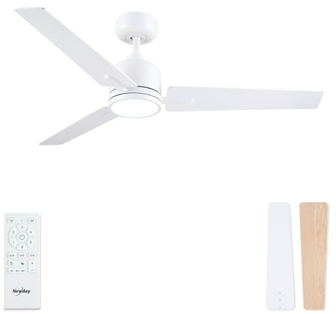 Newday Ventilatore da Soffitto Bianco 107cm, Ventilatore da Soffitto Bianco con Luce e Telecomando Silenzioso, Ventola Soffitto Réversible, Pale da Soffitto con Luce Dimmerabile, 6 Velocità, 3 Timer