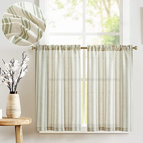 TOPICK Linen Look Kitchen Curtains 24 Inch Drop, Light Filtering Short Curtain 2 Panels for Living Room, Bedroom, Bathroom,Cupboard Base, Rod Pocket Green Stripe Cafe Curtains, W26 x L24 Inch