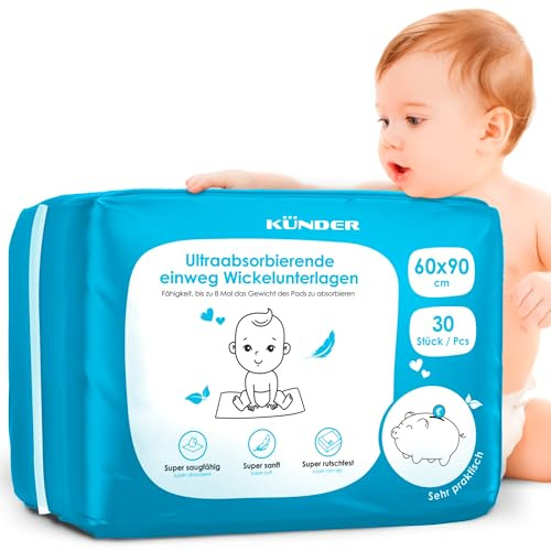 30x Baby Wickelunterlage Einweg 60x90 cm - Ultra-saugfähige Inkontinenzunterlagen, 6-lagige Betteinlagen für Babys & unterwegs, Strapazierfähige Krankenunterlagen und Inkontinenzauflage