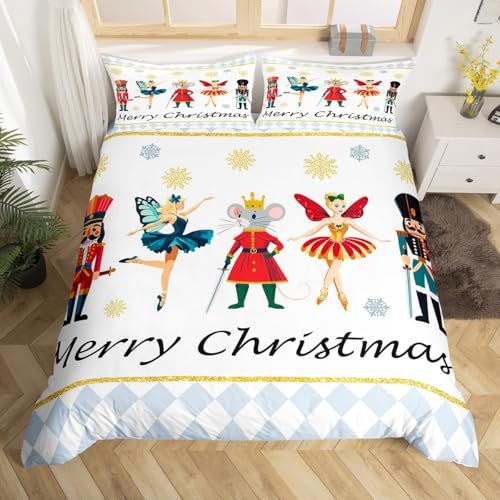 Christmas Nutcracker Bedding Set Double Size,Nutcracker Soldier Mouse Ballet Girl Duvet Cover Set for Kids Boys,Gold Glitter Snowflake Comforter Cover Blue White Plaid Quilt Cover,2 Pillowcases
