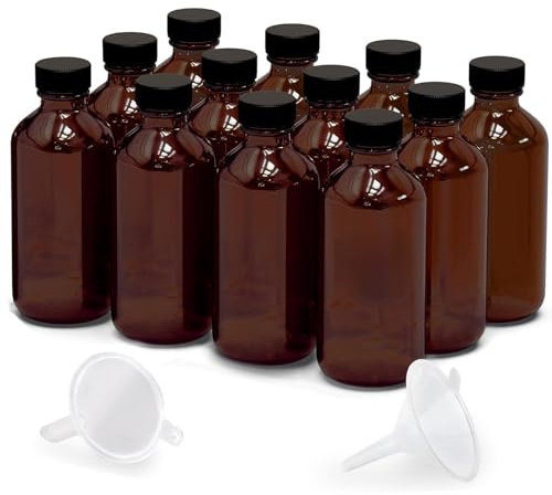 Lot de 12 bouteilles en verre ambré de 60 ml pour extrait de vanille, bocaux ronds en verre marron anti-fuite avec capuchons, entonnoir bonus – Idéal pour les extraits faits maison, les huiles
