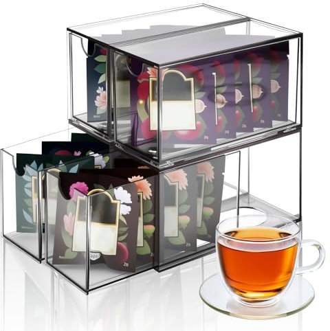 Jiayaus 4Pcs Acrylic Tea Bag Drawers Organizer with Label, Stackable Tea Bag Storage Holder for Kitchen, Plastic Acrylic Tea Box for Coffee,Snacks,Office,Bedroom, Powder Room