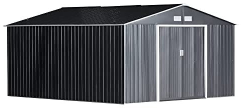 Outsunny Gerätehaus 12,4 m², Gartenhaus mit Pultdach, Schiebetür, Fundament, 386 x 340 x 200 cm, Geräteschuppen aus Verzinkter Stahl, wetterfest, für Garten, Dunkelgrau