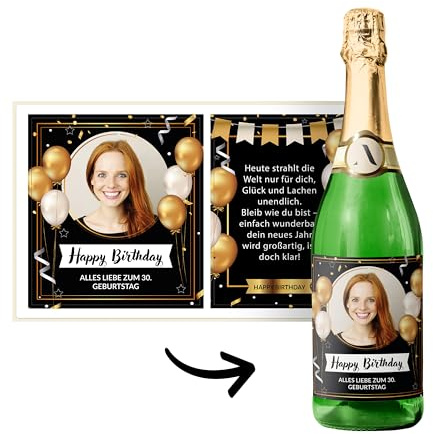 Flaschenetiketten Geburtstag selbst gestalten – Set mit 2 Stickern (Vorder- & Rückseite) – personalisierbar mit Foto & Text – für Wein/Sekt – wasserfest – DIY Geschenk – BALLON SCHWARZ