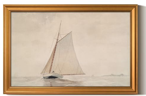 ARPEOTCY Vintage Goldener Rahmen Wandbilder Wohnzimmer, Wanddeko mit Segelboot, Leinwand Bilder Wandbilder für Wohnzimmer & Schlafzimmer, Weißes Segelboot 61L x 91.5W