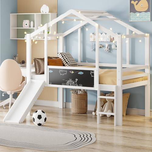 Kebnor Cama infantil de 90 x 200 cm, diseño de ático con escalera de seguridad y tobogán de seguridad, con pizarra de graffiti, cama multifunción de madera maciza, cama individual (blanco)